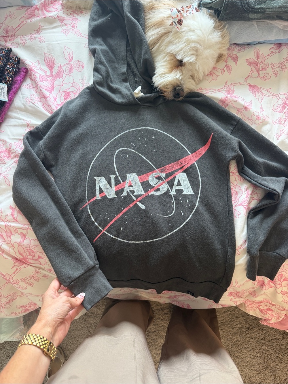 Kids NASA Graphic Hoodie in Charcoal Gray with Pink Accent